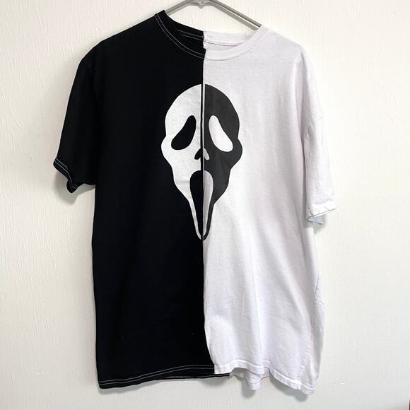 Scream Ghostface Mens Crew Neck T-Shirt Size XL Black White Split Face Halloween - Picture 1 of 11